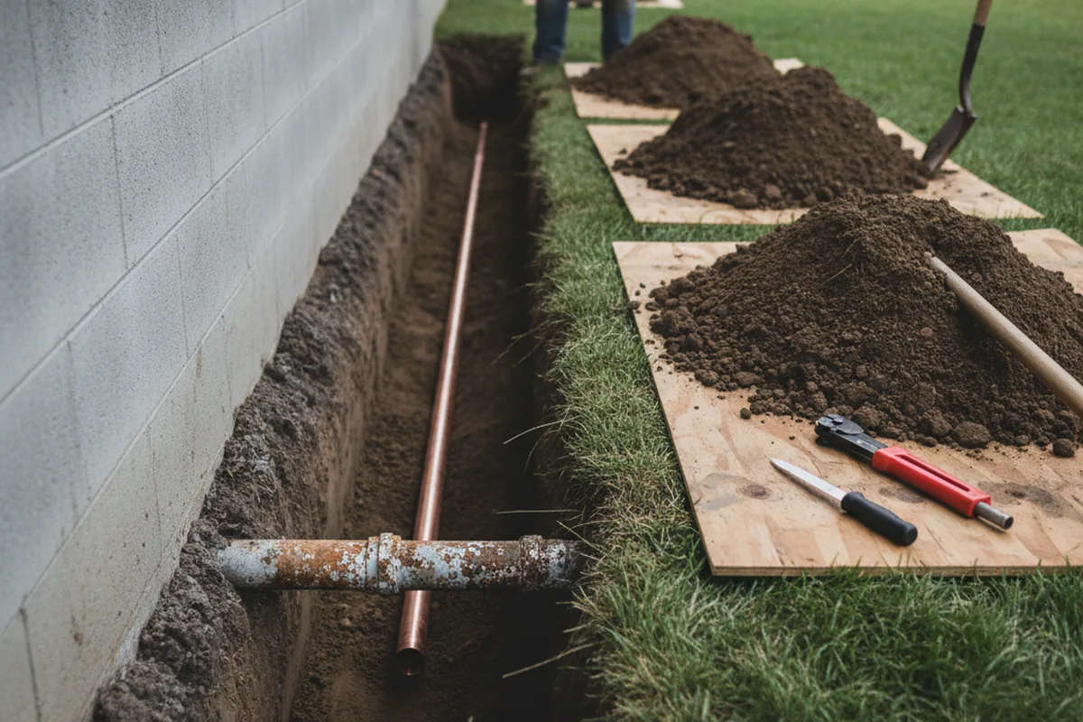 Excavated water line trench during Sewer Line Repair in Brooks
